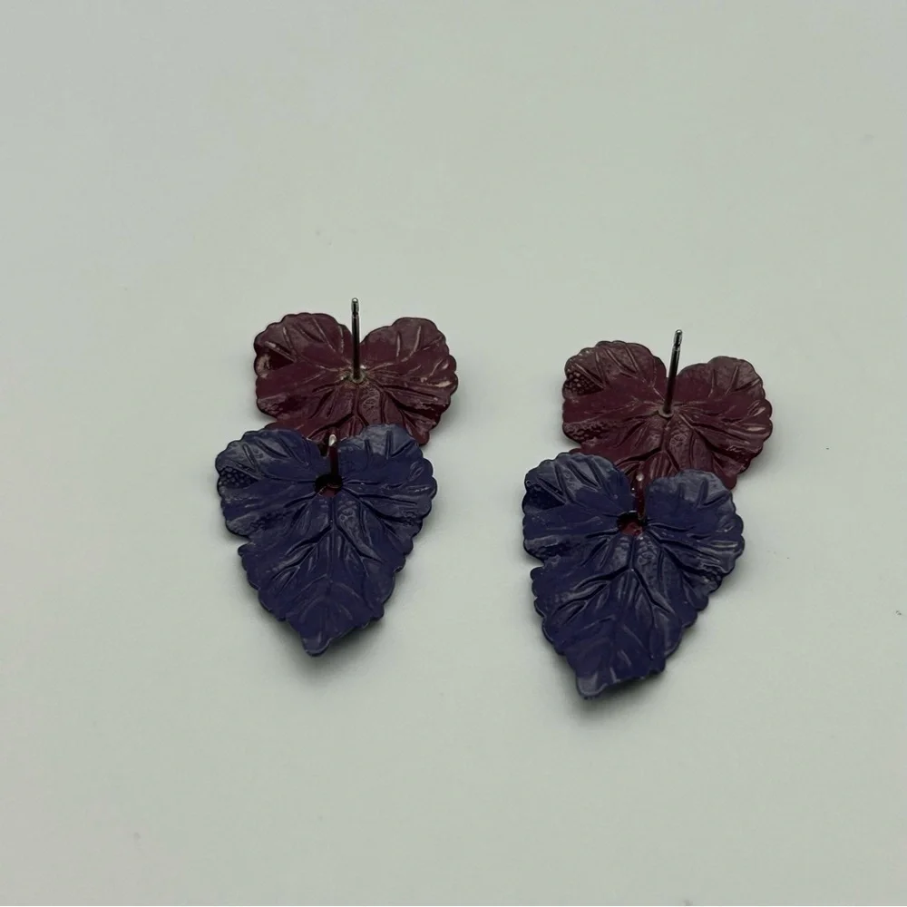Vintage Lightweight Magenta and Purple Two Layered Textured Leaf Stud Earrings